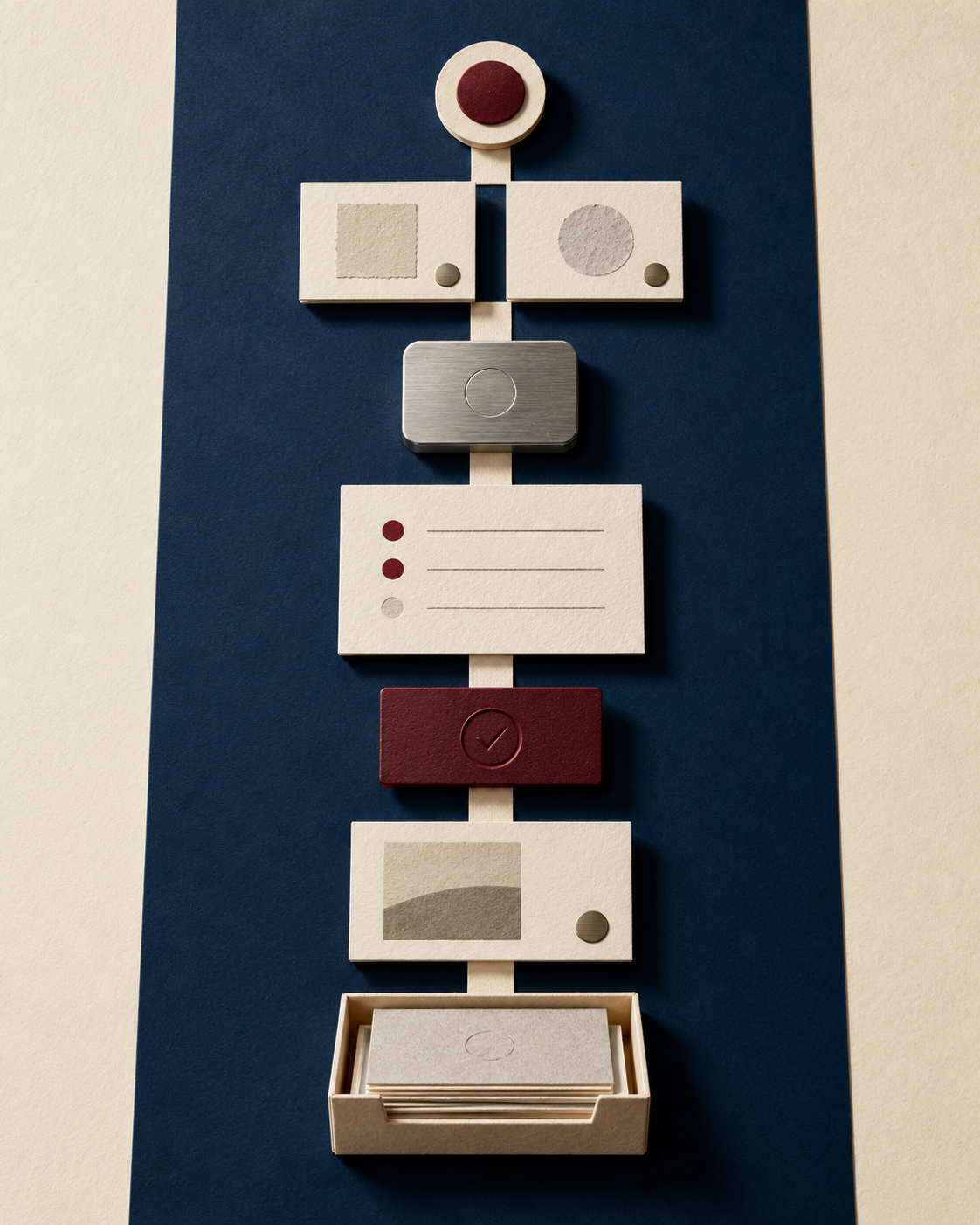 Seven physical stages arranged from a decision token through source cards, bounded assistance, review, approval, output and learning record