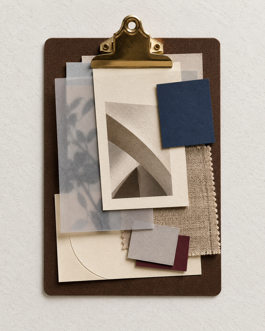 Layered cream, blue, grey and textile samples held together on a brown clipboard