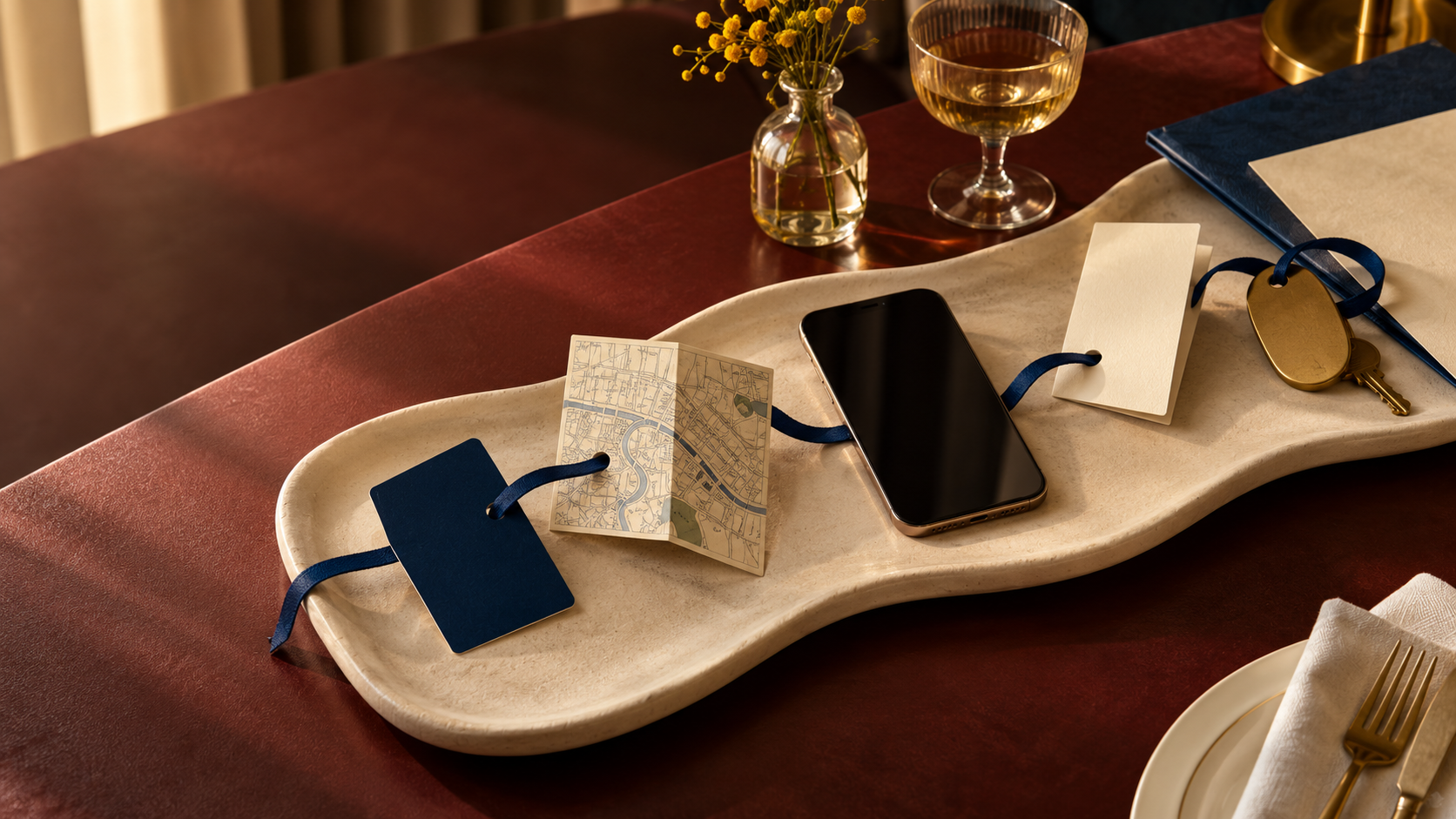 Hotel journey touchpoints connected by a deep blue ribbon on a sculptural tray