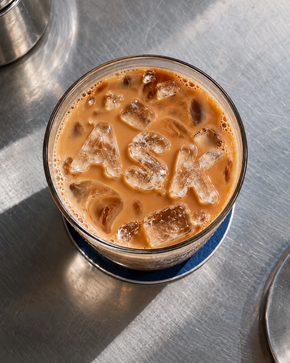 Ice letters spelling ASK in a glass of iced coffee